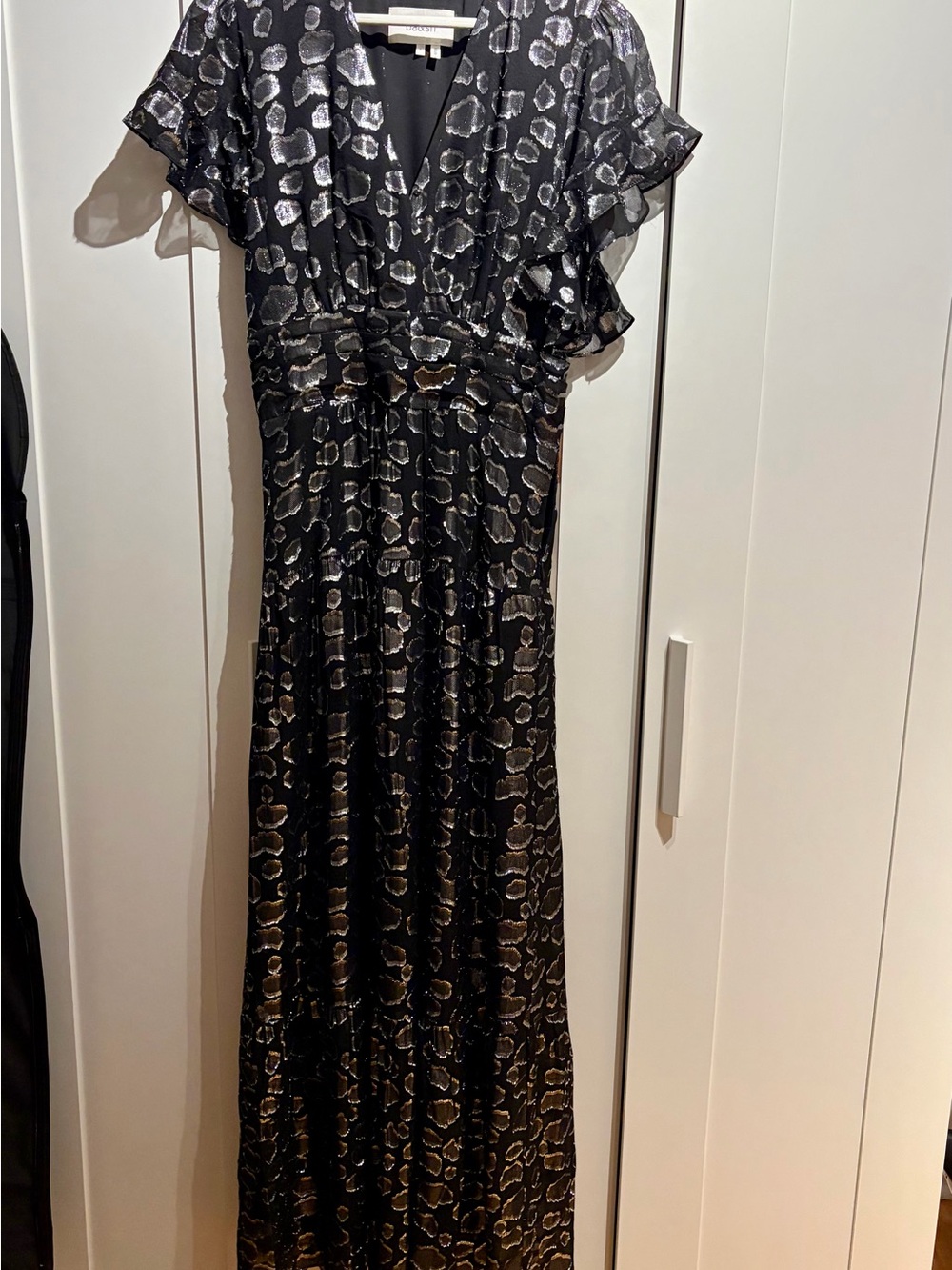 ba&sh Black Maxi Dress with Silver Metallic Spot Print